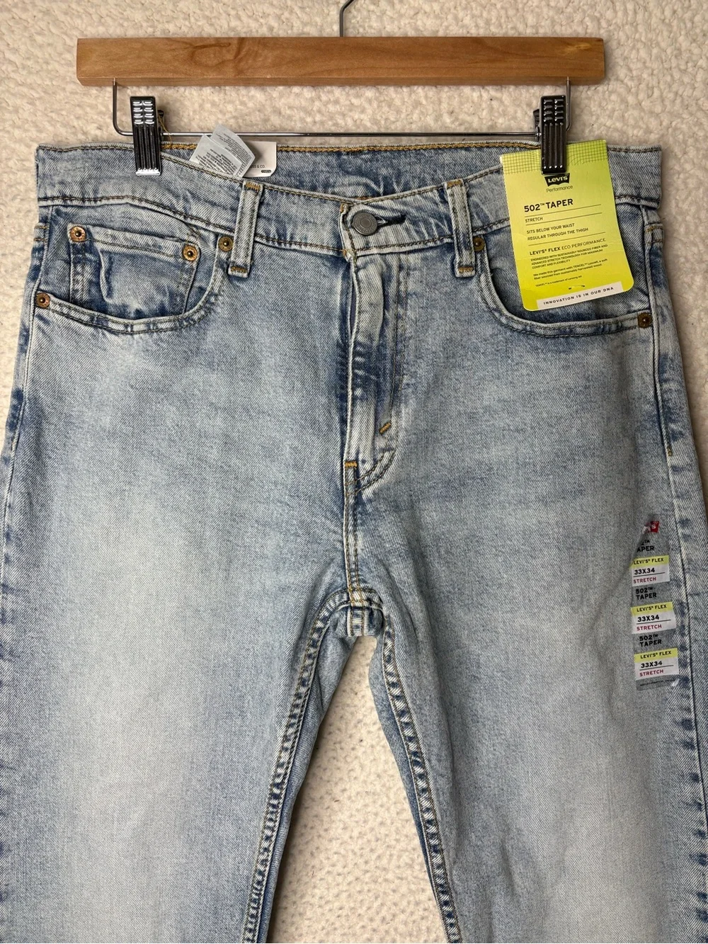 NWT Mens Levi’s 502 Taper Stretch Men’s Light Blue Jeans 33x34